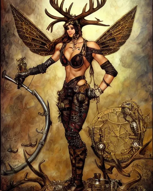 Prompt: steampunk fitness model horus with fairy wings and elk antlers by karol bak and rebecca guay