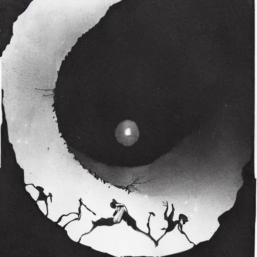 Image similar to by claude cahun, by brothers grimm insane, dull. a beautiful body art of a black hole. this hole appears to be a portal to another dimension or reality, & it is emitting a bright, white light. there are also stars & other celestial objects around it.