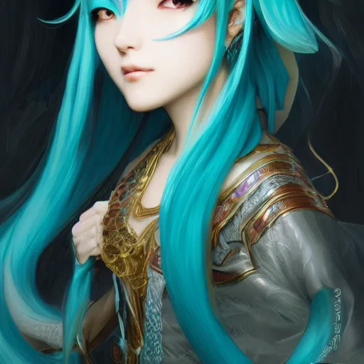 Image similar to portrait of hatsune miku, D&D, fantasy, intricate, elegant, highly detailed, digital painting, artstation, concept art, smooth, sharp focus, illustration, art by artgerm and greg rutkowski and alphonse mucha