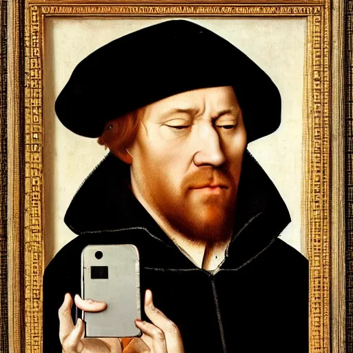 Image similar to man on a cell phone, by Hans Holbein the Younger