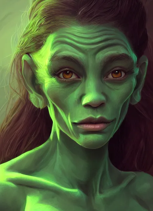 Prompt: portrait of beautiful cute green skin goblin girl, intricate, elegant, highly detailed, digital painting, artstation, concept art, smooth, sharp focus, illustration