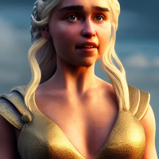 Prompt: Render of Daenerys Targaryen as a 3d Pixar character, golden hour, serene, mid-shot, medium shot, hyperdetailed, trending on Artstation, Unreal Engine 4k