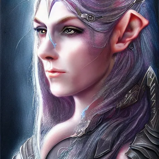 Prompt: centered detailed headshot fantasy portrait of secret elven queen with velcro clothing, art by Pearl Frush, featured on artstation, alena, hard light and hard shadows, Veduta painting, dslr, hyperreal