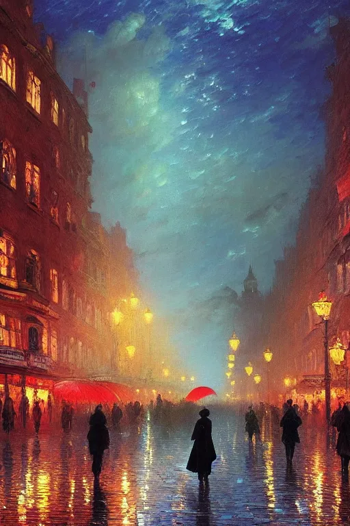 Prompt: the king in disguise, walking through the crowded streets of the city of blood and prisms, night skies, dramatic light, hyperrealistic, colorful skies, digital art, vray, john atkinson grimshaw, ivan aivazovsky, leonid afremov