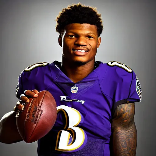 Image similar to portrait. lamar jackson baltimore ravens. holding lombardi trophy. sports photo. award winning photograph. lamar jackson's detailed face