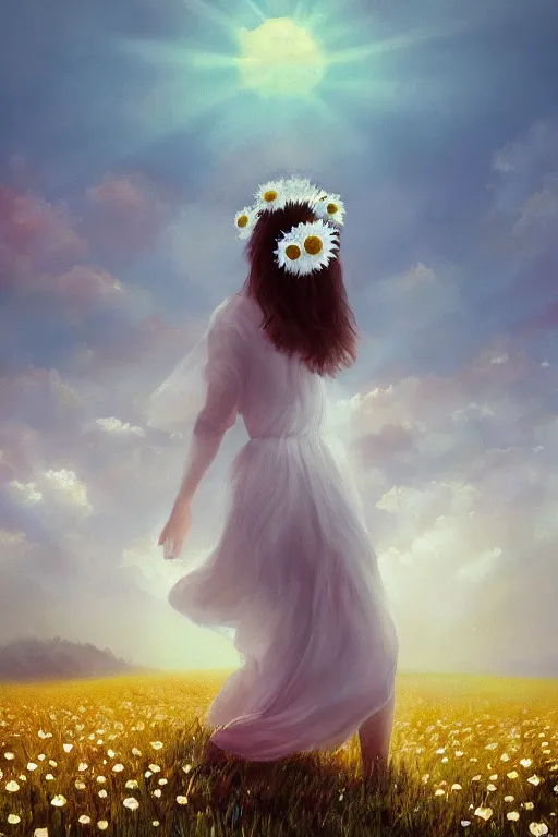 Prompt: giant white daisy flowers as head crown, girl with veil walking in a flower field, surreal photography, sunrise, dramatic light, impressionist painting, colorful clouds, digital painting, artstation, simon stalenhag