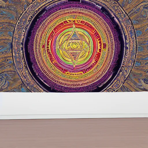 Image similar to yantra, tibetan thangka, giant lotus mandala, celestial bodies, Post apocalyptic, flying through time, portal into anotheer dimension, giant lotus mandala, intricate tapestry, ornate, highly detailed, epic, HD, 8K, rendered in vray, hiroshi yoshida, moebius, exquisite, frame H 1024 W 576