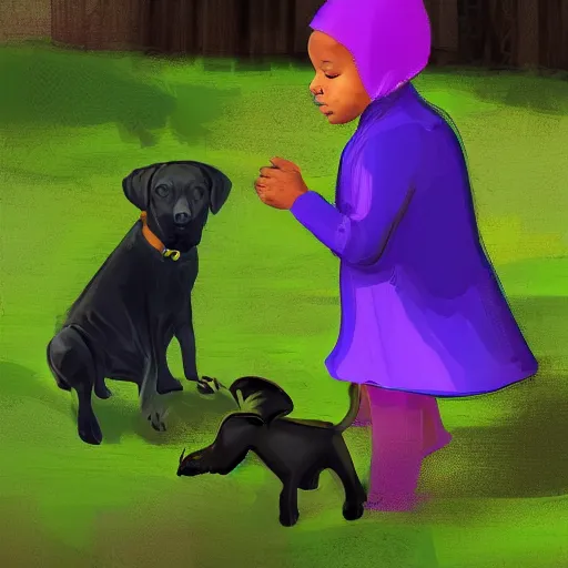 Prompt: violet Labrador playing with an African kid with green hair, digital art