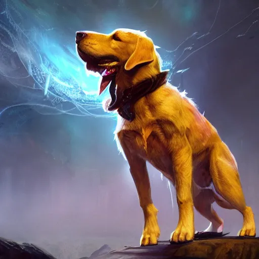 Prompt: Dog, Anthropomorphized, casting epic spell, magic the gathering artwork, D&D, fantasy, cinematic lighting, centered, symmetrical, highly detailed, digital painting, artstation, concept art, smooth, sharp focus, illustration, volumetric lighting, epic Composition, 8k, art by Akihiko Yoshida and Greg Rutkowski and Craig Mullins, heroic pose, oil painting, cgsociety, magic lab background