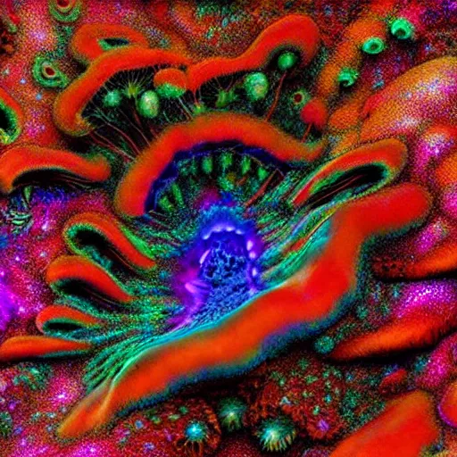 Prompt: shrooms fungal nebula by ross tran beksinsi beeple, mycelial microfauna gleba growths psychedelic deepdream fungal fractalize abstract acrylic pour wavy polypore swirl