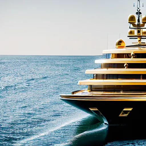 Image similar to wrinkled old man polishing the side of a gold plated mega yacht