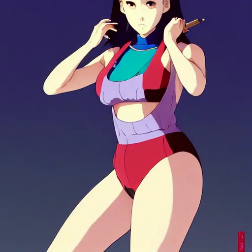 Image similar to a beautiful plus sized model japanese natalie portman, alluring plus sized model, wearing mayan leotard with overalls, street fashion hip hop style with mayan patterns, aztec street fashion, gapmoe yandere grimdark, trending on pixiv fanbox, painted by greg rutkowski makoto shinkai takashi takeuchi studio ghibli, akihiko yoshida