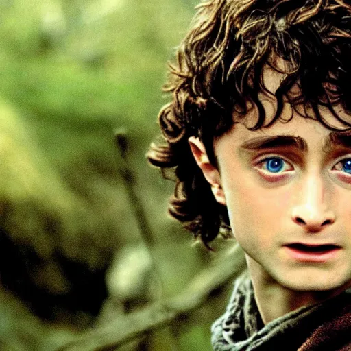 Prompt: Film still of a young Daniel Radcliffe as Frodo in Lord of the Rings: The Return of the King, wide shot, small eyes