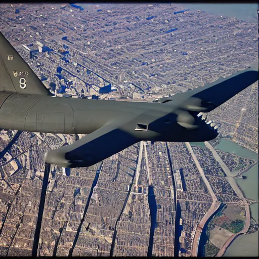 Image similar to infrared camera view from bomber, flying over manhattan, c130, military