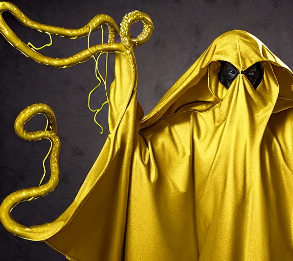 Image similar to hastur, golden hood cape, dark toxic, black tentacles realistic art, realistic photo by horror H 576