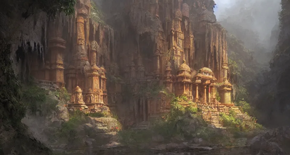 Image similar to indian ancient temple hidden in a cave waterfalls around, realistic concept art, eytan zana, one pixel brush, by eugene von guerard, ivan shishkin, dramatic lighting, concept art, trending on artstation