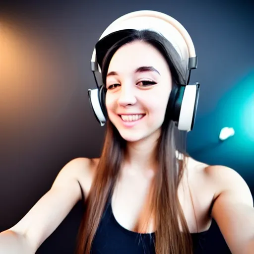 Image similar to female twitch streamer, cute, headphones, posing for selfie, photo