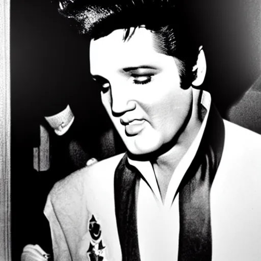 Prompt: a photo of elvis presley. a man with a paper bag on his head. a paper bag covering elvis presley's face