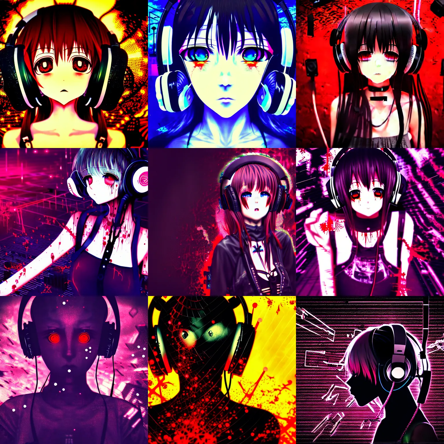 Prompt: bloody anime girl wearing headphones, hardcore techno, electronic music, crossbreed, esoteric fractal glitchy background, dark and gothic, brutal, somber, stylized, japanese, artstation, highly detailed, noisy, vhs glitch, expired film, amazing composition, 4 k