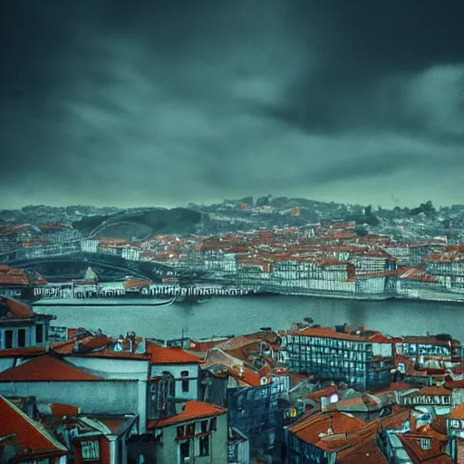 Image similar to the city of Oporto Portugal depicted in the style of blade runner