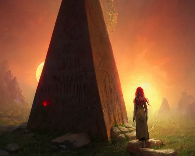 Image similar to nature priestess standing at a glowing obelisk etched with burning inscriptions, fantasy art by marc simonetti, artgerm, artstation, celestial mountain grove, moonlight, sylvain sarrailh