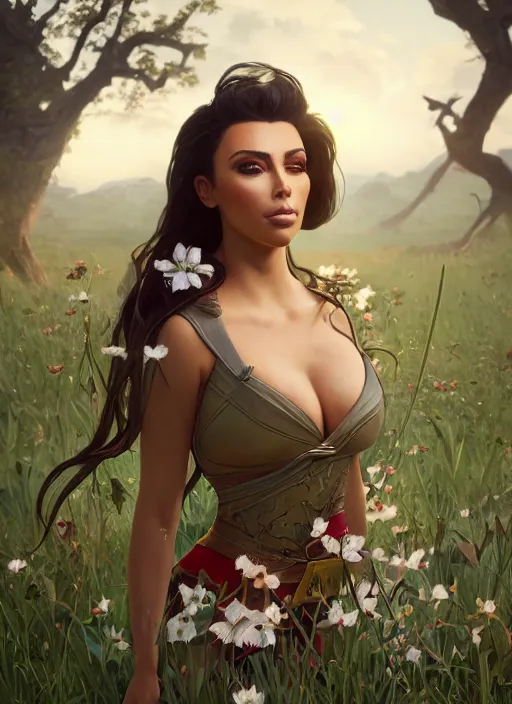 Image similar to Kim Kardashhian as a elf on a beautiful meadow, morning, art by Artgerm and Greg Rutkowski and Alphonse Mucha and miro manara, unreal 5, DAZ, hyperrealistic, octane render, RPG portrait, ambient light, dynamic lighting