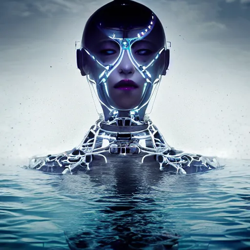 Image similar to beautiful centered fine art photo portrait of hoyeon jung as a solarpunk robotic humanoid treading above water, white mechanical parts with led lights, ultra - detailed and intricate, white background, sun lighting, soft focus, slow exposure hdr 8 k