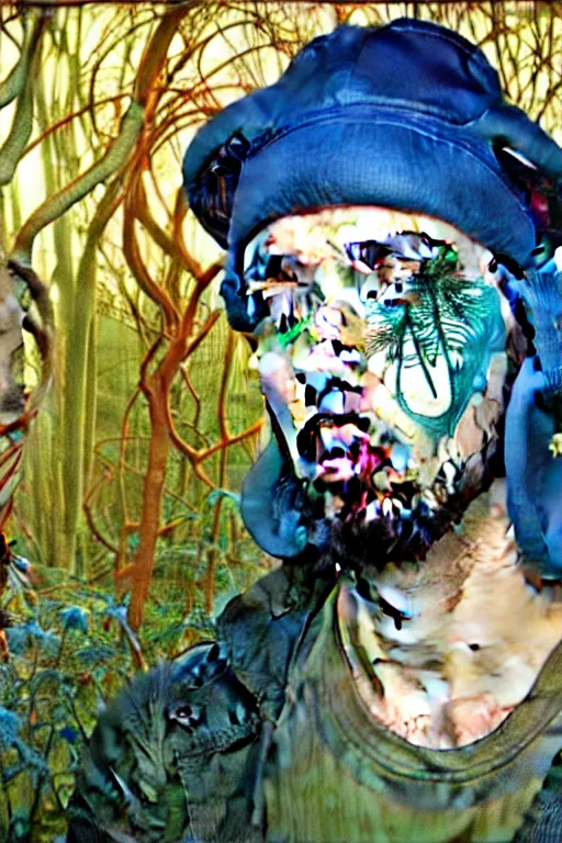 Image similar to realistic detailed face portrait painting of the Rapper SIDO with sci-fi headwear, futuristic sci-fi forest on background by Jean Delville, Amano, Yves Tanguy, Alphonse Mucha, Edward Robert Hughes, Roger Dean, rich moody colours, blue eyes