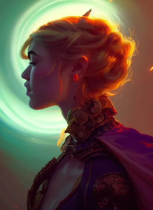 Image similar to side portrait, imogen poots, paladin, fantasy, gloomhaven, luminescent, organic painting, gaudy colors, octane render, by greg manchess, huang guangjian, gil elvgren, sachin teng, greg rutkowski, jesper ejsing, ilya kuvshinov