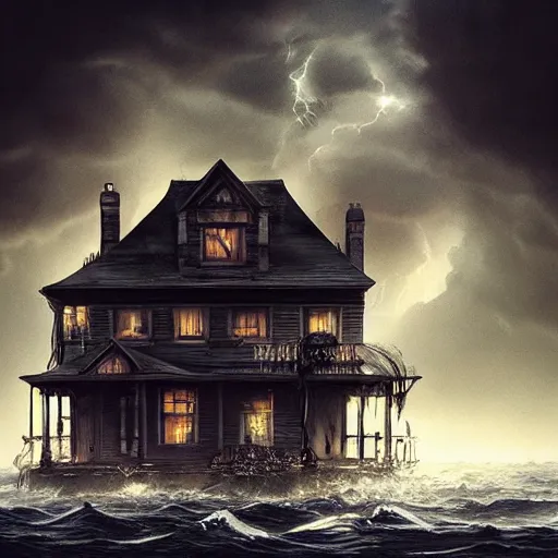 Prompt: haunted house floating in water, storm approaching, stylized, artgerm, artstation, hd, cgsociety, cgi, realistic, dramatic, cinematic, artistic, trending, detailed