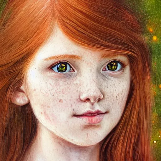 Prompt: highly detailed portrait of a red haired girl, long hair, green eyes, hint of freckles, beautiful round face, soft amazed smiles, among golden fireflies, deep focus, elegant, digital painting, smooth, sharp focus, golden ratio, illustration, ultra realistic, 8 k, art by artgerm and caravaggio