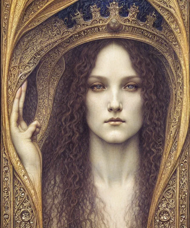 Image similar to detailed realistic beautiful young medieval queen face portrait by jean delville, gustave dore and marco mazzoni, art nouveau, symbolist, visionary, gothic, pre - raphaelite. horizontal symmetry