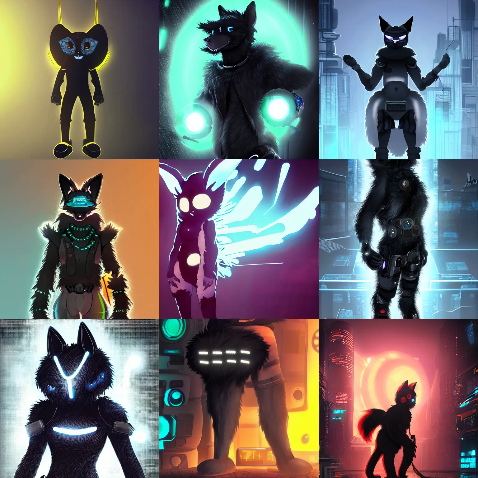 Prompt: hd detailed art of a black proven furry anthro fursona character in a cyberpunk background, protogen has a round black led screen head with an led face, fluffy ears and shiny black thighs, fluffy tail tip, led eyes, trending on artstation
