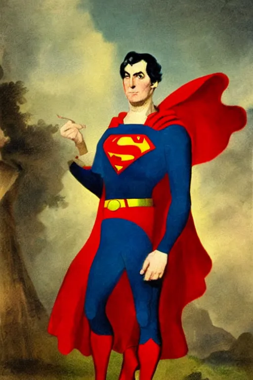 Image similar to portrait of superman during the american revolution. painting by john trumbull.