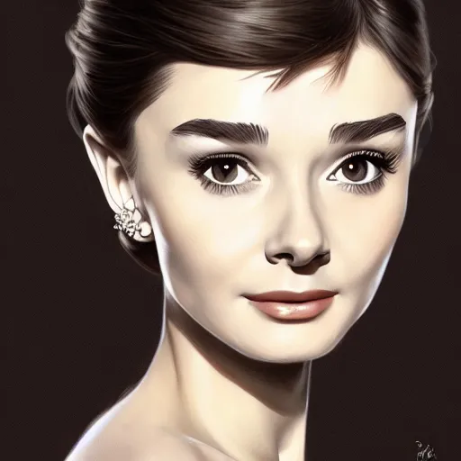 Image similar to portrait of a young audrey hepburn, upper body, seductive eyes, long hair, joyful smirk, intricate, elegant, highly detailed, digital painting, artstation, concept art, matte, sharp focus, illustration, art by artgerm and greg rutkowski and alphonse mucha