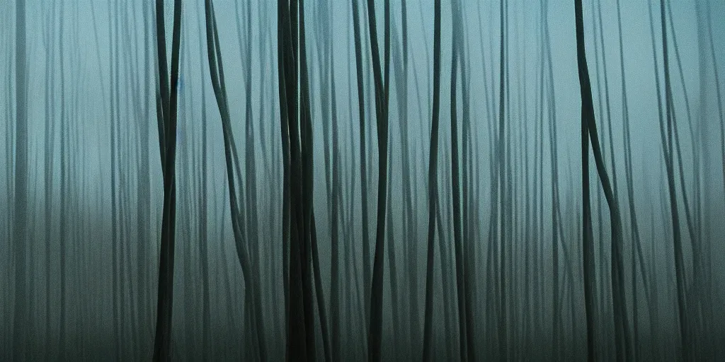 Image similar to trees from avatar movie fully wrapped in transparent polyethylene with light cloudy sky background, film still from the movie directed by denis villeneuve with art direction by zdzisław beksinski, close up, telephoto lens, shallow depth of field