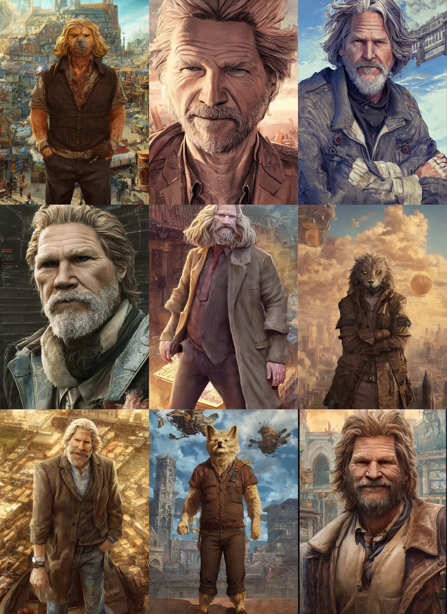 Image similar to full body character fursona portrait of jeff bridges with gorgeous detailed eyes in the marketplace in the sky, color page, tankoban, 4 k, tone mapping, doll, akihiko yoshida, james jean andrei riabovitchev marc simonetti, yoshitaka amano, h. hydrochaeris