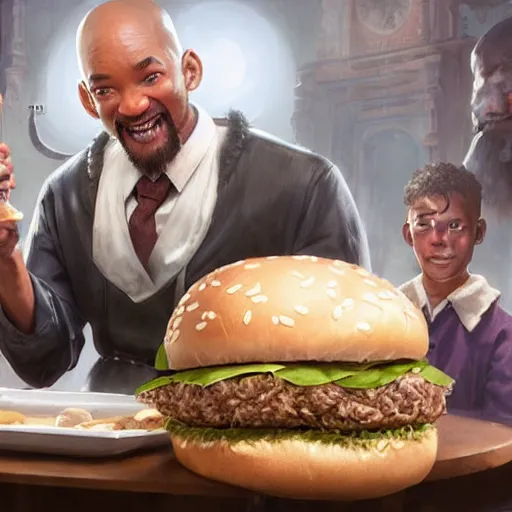 Prompt: a highly detailed epic cinematic concept art CG render digital painting artwork costume design: Will Smith as a 1950s bible salesman eating a massive hamburger, voluptuous sesame seed bun, extra ketchup and pickles and onions . By Greg Rutkowski, Ilya Kuvshinov, WLOP, Stanley Artgerm Lau, Ruan Jia and Fenghua Zhong, trending on ArtStation, made in Maya and Photoshop, octane render, excellent composition, cinematic atmosphere, dynamic dramatic cinematic lighting, aesthetic, very inspirational, arthouse