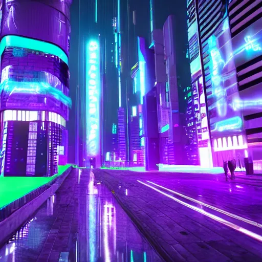 Image similar to cyberpunk city, aqua, green, and purple neon lighting