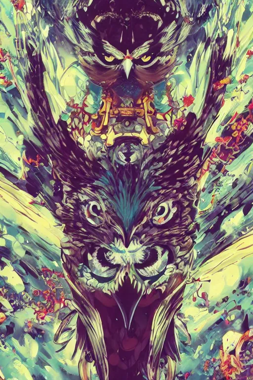 Prompt: maximalist intimidating owl, trending on pixiv fanbox, painted by makoto shinkai takashi takeuchi studio ghibli, akihiko yoshida, yoshitaka amano, wangechi mutu, clean cel shaded vector art. shutterstock. behance hd by lois van baarle, artgerm, helen huang, rossdraws, illustration