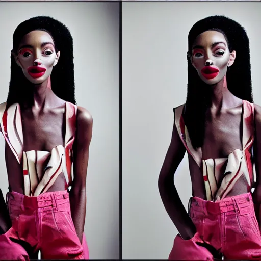 Image similar to realistic photoshooting for a new balenciaga lookbook, vhs colour photography, portrait of model Winnie Harlow woman, in style of Tyler Mitchell, 35mm,