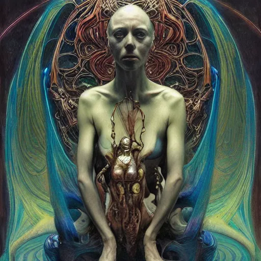Prompt: alien high priestess by zdzisław beksinski, iris van herpen, raymond swanland and alphonse mucha. highly detailed, hyper - real, beautiful
