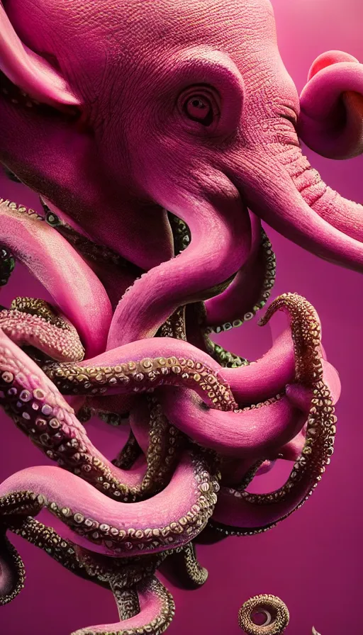 Image similar to A octopus centered-photograph of a pink elephant, film still, dynamic action pose, National Geographic, insane detail, intricate, highly detailed, Zeiss Lens, DSLR photography, smooth, sharp focus, Unreal Engine 5, Octane Render, Redshift, 8K