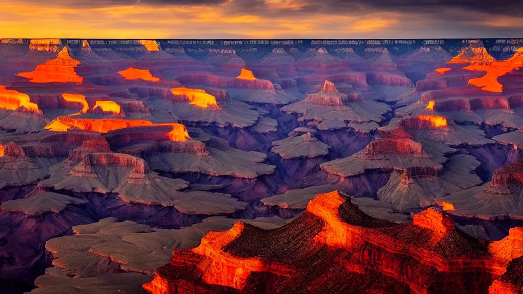 Image similar to amazing landscape photo of a grand canyon in sunset by marc adamus, beautiful dramatic lighting