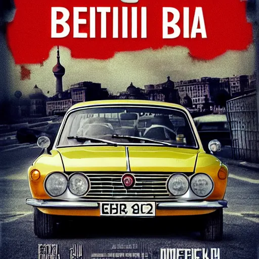 Image similar to fiat 124 berlina in soviet city. Film poster. Epic cinematic