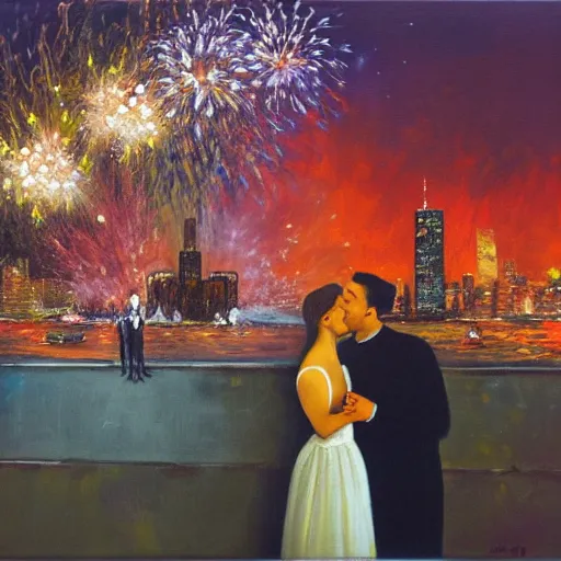 Image similar to an oil painting of couple kissing, in a background fireworks in new york