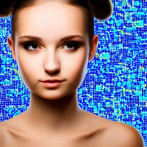 Image similar to mosaic of a cute young woman with robot ears and eyes, 4k, intricate details