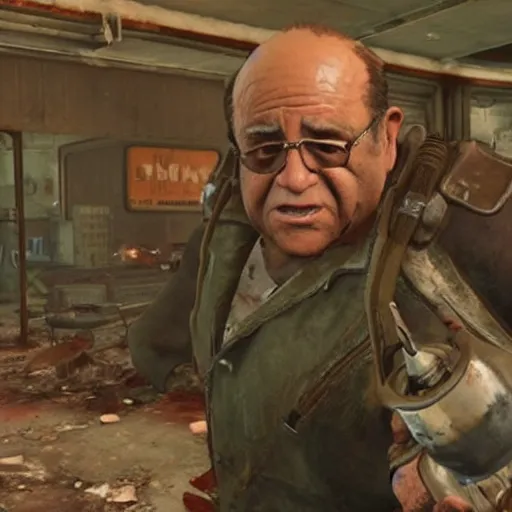 Prompt: in-game screenshot of Danny Devito in Fallout 4 (2015)