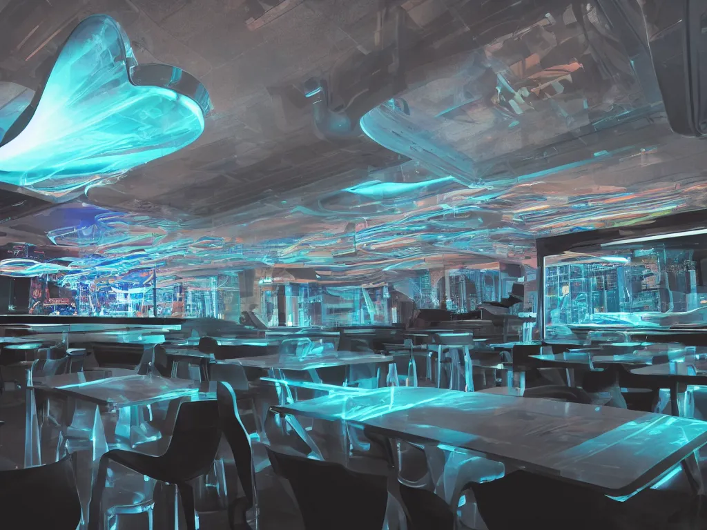 Image similar to visor with curved translucent visors projecting detailed sci - fi art, pixel perfect photograph, high contrast, volumetric lighting, thin glowing lights, restaurant, chairs, users, pair of keys