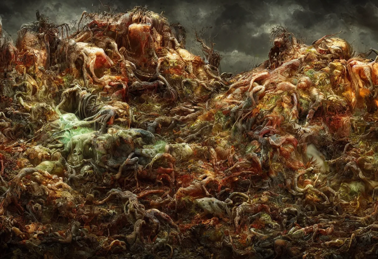 Prompt: maggots eat internal organs of decaying organisms, colorfully background, hyper realism, matte painting, realistic, dramatic lighting, octane render, highly detailed, cinematic lighting, cinematic, art by rutkowski and frazetta and rembrandt